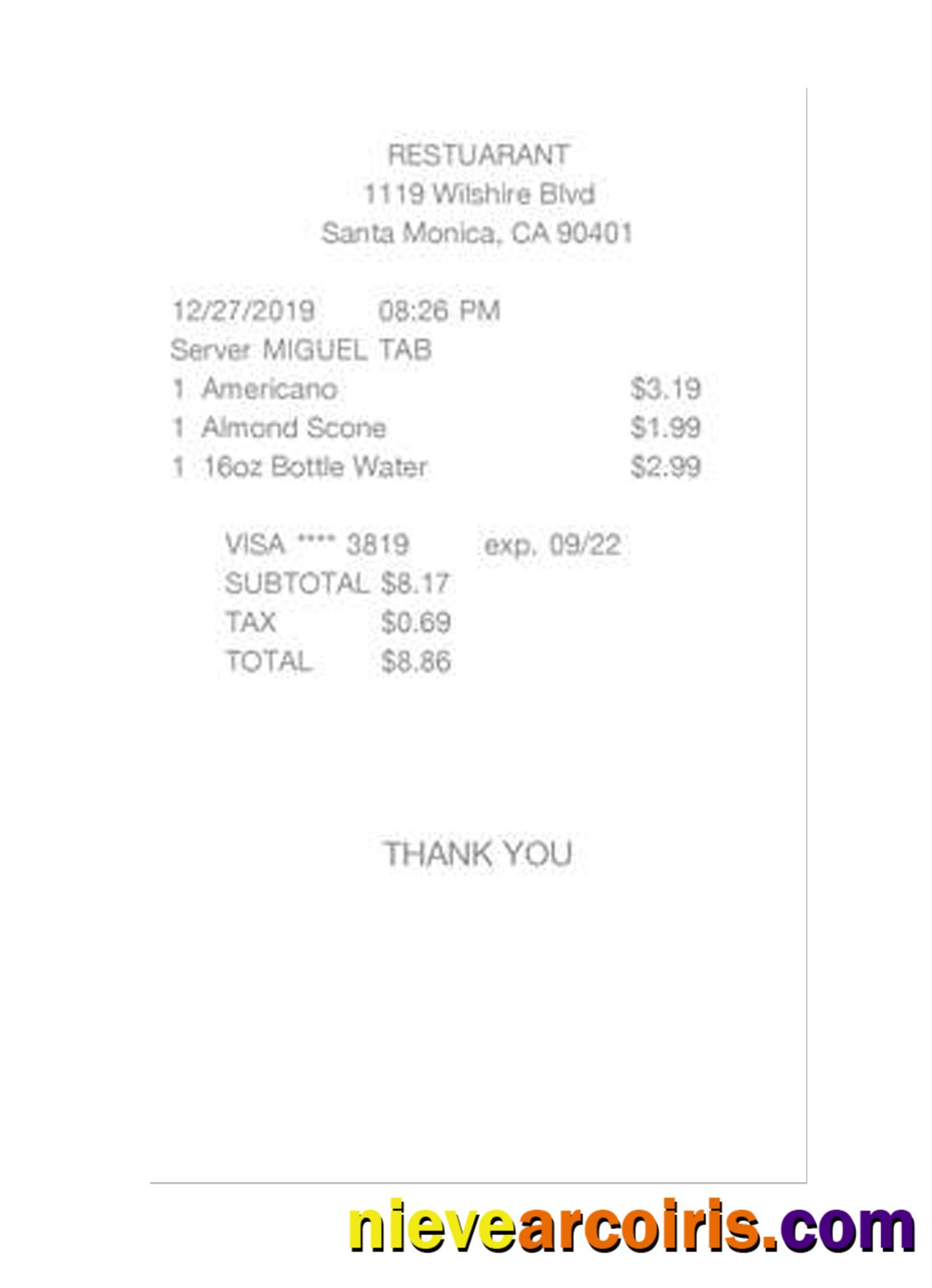 RESTUARANT cash receipt